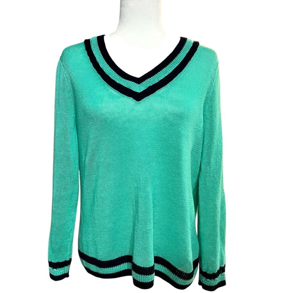 Talbots 100% Linen V Neck Sweater Tennis Varsity Prep Mint Green Large Petite